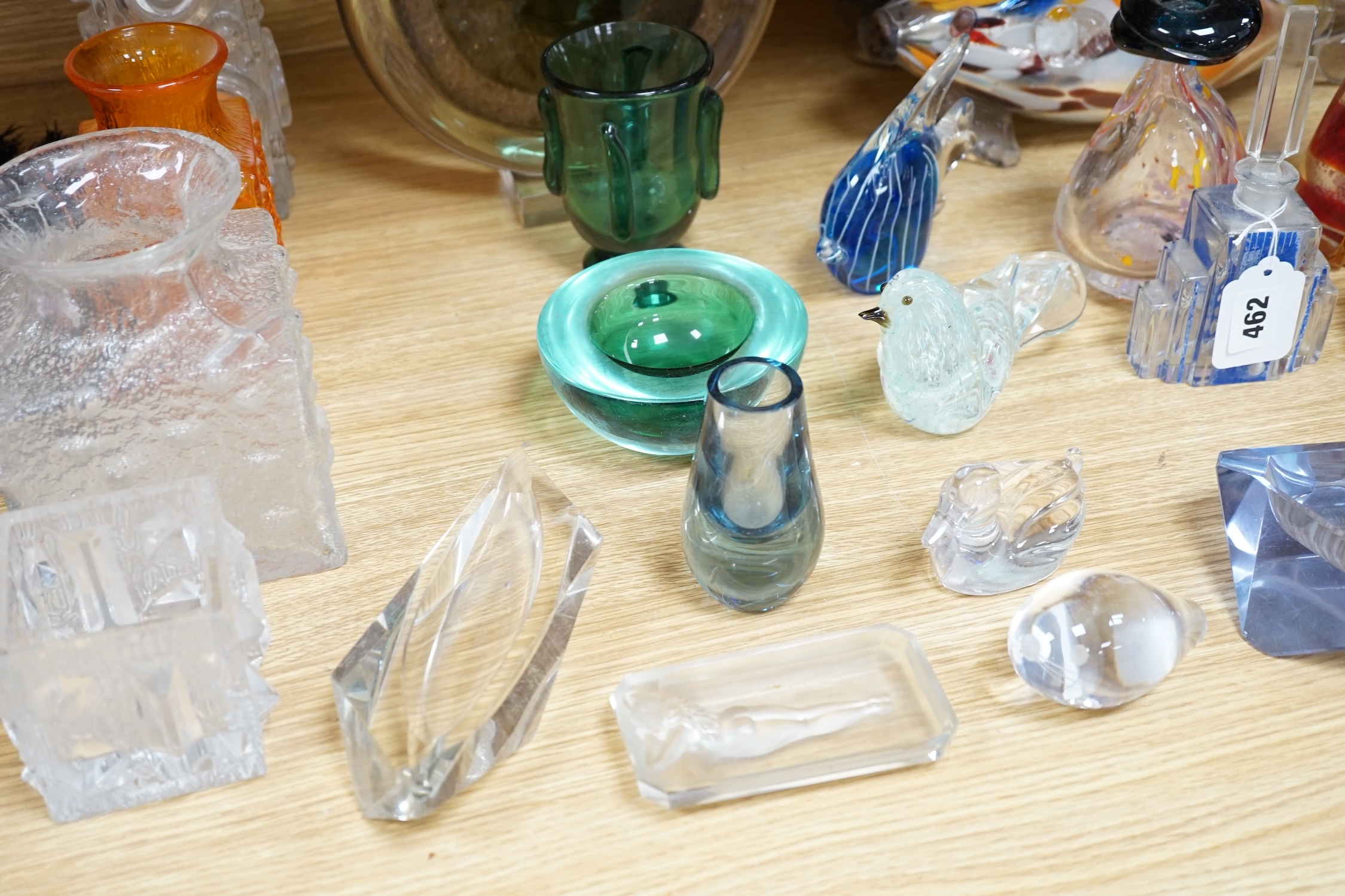 A collection of clear and coloured art glassware, including an Art Deco scent bottle and stopper and a pot and cover, largest 54cm in length. Condition - mostly fair